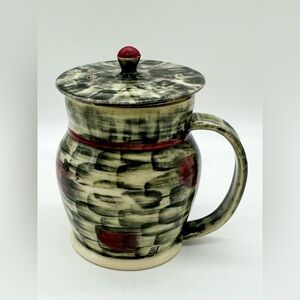 Small Handmade Signed Black with Red Accents Pitcher with lid